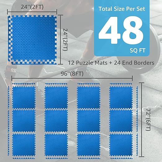 Art3d 48 Sq.Ft Eva Puzzle Exercise Mats, 1/2" Thick Foam Interlocking Tiles for Flooring, Workout, Gym Equipments, Pack of 12, Blue