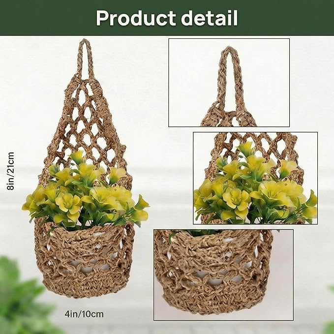 10 Pack Macrame Wall Plant Hanger with Artificial Pot Flower - Boho Wall Hanging Planter for Indoor Plant Cotton Rope Holder with Mini Fake Pot Flower for Home Wedding Decor Gift(Jute)
