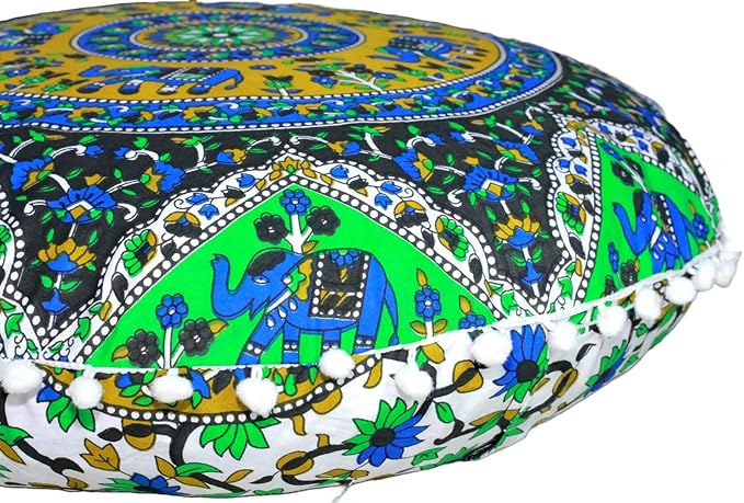 CRAFT KALA 22" Round Mandala Boho Pillow Cover Meditation Room Seating Poufs Cover for Living Room Yoga Room Home Bedroom Balcony Garden Party Decoration Cotton Floor Cushion Cover 22", Blue Elephant