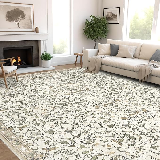 9×12 Washable Large Area Rugs for Living Room, Floral Soft Rug Non Slip Stain Resistant Carpet for Bedroom Dining Room Kitchen Farmhouse Home Decor，Beige Multi 061