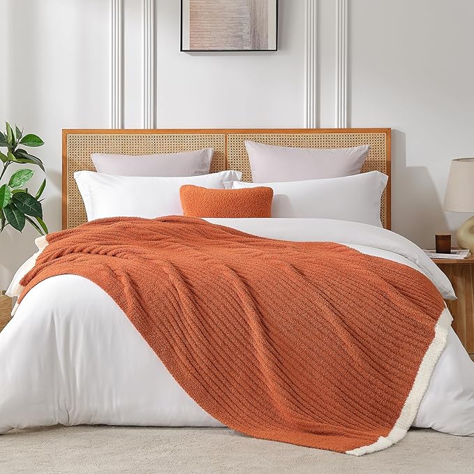 Snuggle Sac Ribbed Burnt Orange Fall Throw Blanket for Couch, Fuzzy Microfiber Knit Blankets for Couch, Sofa, Travel, Burnt Orange, 50x60 inches