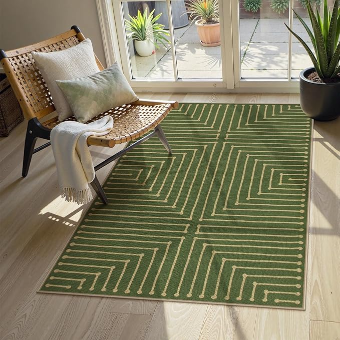 Lahome Neutral Geometric Green Easy Jute Rug, 3x5 Washable Entryway Front Porch Rug, Farmhouse Rhombus Non Slip Non Shedding Indoor Outdoor Carpet for Kitchen Balcony Laundry