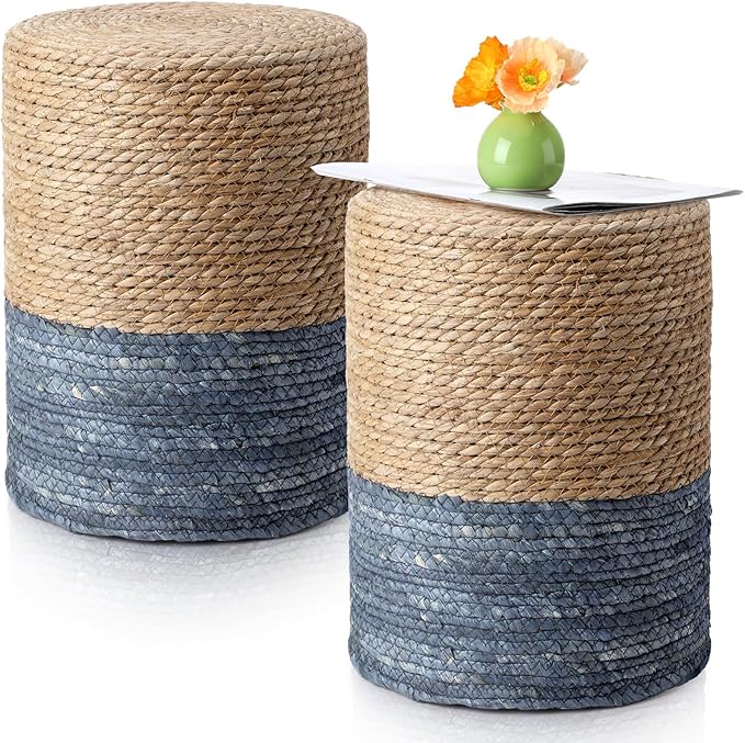 Barydat 2 Pcs 15'' Ottoman Pouf Natural Seagrass Braided Poof Hand Weaving Round Ottomans Boho Footrest Stool for Home Living Room Bedroom Patio(Natural and Blue)