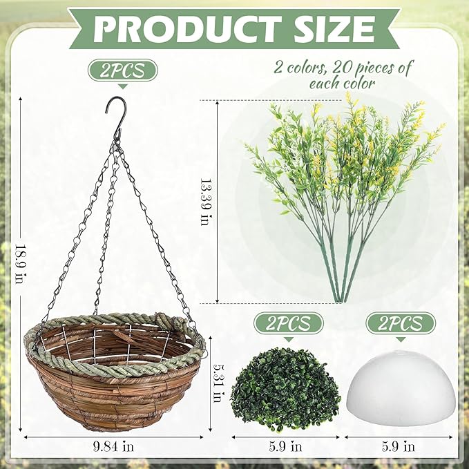2 Sets Artificial Lavender Flowers with Hanging Basket for Outdoor Indoor Artificial Faux Hanging Flowers Plants Rattan Lining for Porch Garden Yard Spring Summer Decor(White,Yellow)