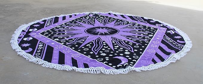 Round Beach Tapestry Turquoise Mandala Throw/Boho Hippie Beach Blanket Roundie/Indian Cotton Bohemian Large Round Table Cloth-Home Decor/Yoga Mat Meditation Picnic Rug (42", Purple)