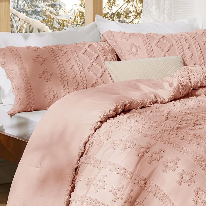 Bedsure Tufted Boho Comforter Set Twin Size - Light Pink Boho Bed Set, GentleSoft™ 2 Pieces Farmhouse Shabby Chic Embroidery Bedding, Gifts for Woman, Soft Jacquard Twin Comforter for All Seasons