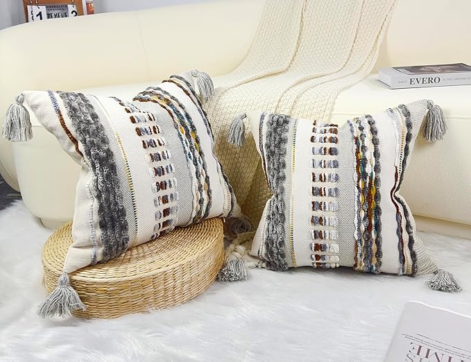 Boho Throw Pillow Covers 18x18 Aesthetic Neutral Boucle Couch Pillow Cover Rainbow Striped Decorative Accent Pillow Case for Couch Bed Sofa Farmhouse,Modern Funky,Set of 2 Brown-Grey