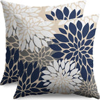 Navy Blue White Pillow Covers 24X24 Inch Set of 2, Modern Dahlia Floral Print Decorative Throw Pillow Covers Outdoor Farmhouse Cushion Case for Home Couch Sofa Bed Decoration