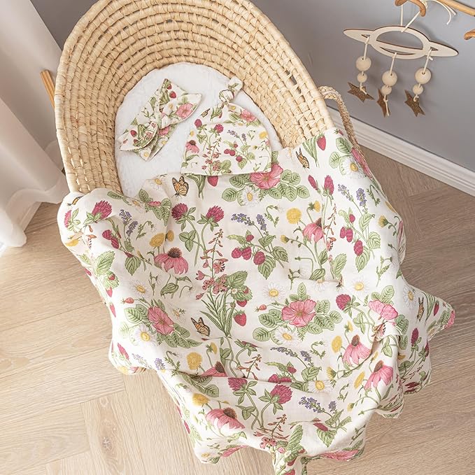 BabyWhale Muslin Swaddle Blanket with Hat and Headband Bow, Floral Pattern Swaddle Set for Baby Boys ＆ Girls, Unisex Newborn Soft Receiving Swaddle Wrap, 47x47 inches