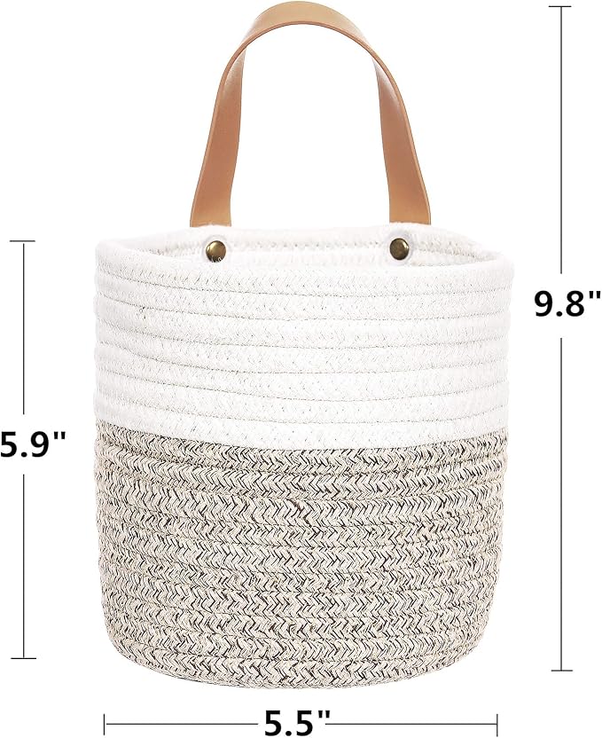 2pack Small Hanging Basket-Cotton Rope Wall Basket with Handle, Hanging Storage Baskets, Shelf Baskets Storage Bin Closet Organizer 6"×6.3", Woven Plant Basket - (White & Brown)