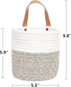 2pack Small Hanging Basket-Cotton Rope Wall Basket with Handle, Hanging Storage Baskets, Shelf Baskets Storage Bin Closet Organizer 6"×6.3", Woven Plant Basket - (White & Brown)