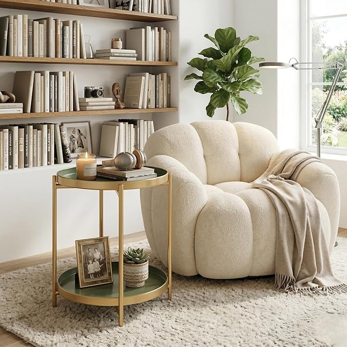 TeoKJ 2 Tier Gold Side Table, Folding Round Metal End Table Small Nightstand with Two Removable Tray for Bedroom Living Room Bedside Small Spaces Gold + Dark Green
