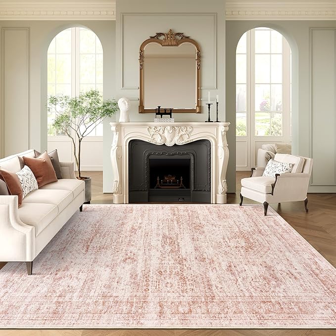 9x12 Area Rugs for Living Room, Non Slip Machine Washable Vintage Rugs, Low Pile Lightweight Large Rug for Bedroom, Dining Room, Home Office Pink
