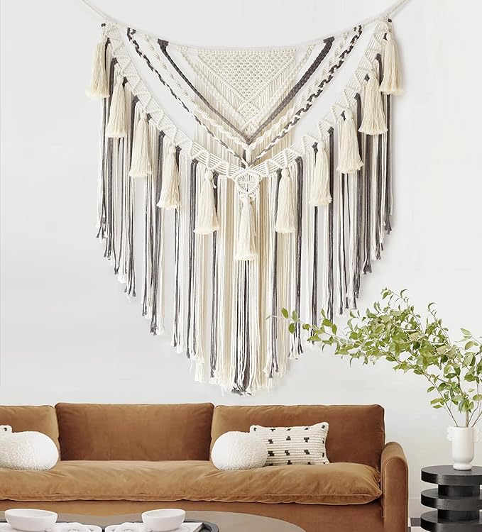 Jakalin Macrame Wall Hanging Grey Small Macrame Wall Decor Panels Handmade Wall Art Home Living Room Bedroom Decor,31" Wx 39" L