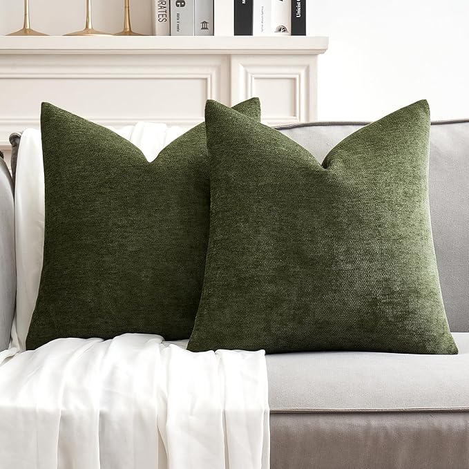 MIULEE Pack of 2 Olive Green Decorative Pillow Covers 18x18 Inch Soft Chenille Couch Spring Throw Pillows Farmhouse Cushion Covers for Home Decor Sofa Bedroom Living Room