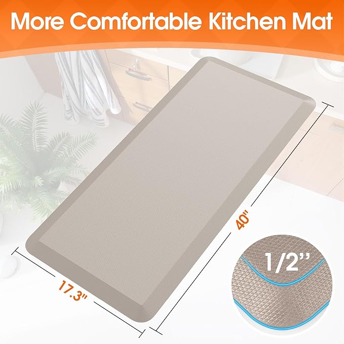 Extra Large Kitchen Mat Rug, Floor Comfort Mat with Non-Slip Bottom, Waterproof & Stain Resistant & Easy Clean, Standing Desk Mat for Kitchen, Sink, Office (17.3''x39'', Khaki)