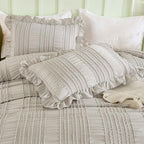 WONGS BEDDING Grey Textured Comforter Set King,3 Pieces Ruffle Farmhouse Shabby Chic Comforter for King Bed,Soft Seersucker Boho Bedding Set with 1 Ruffle Comforter,2 Tufted Pillowcases 104"×90"
