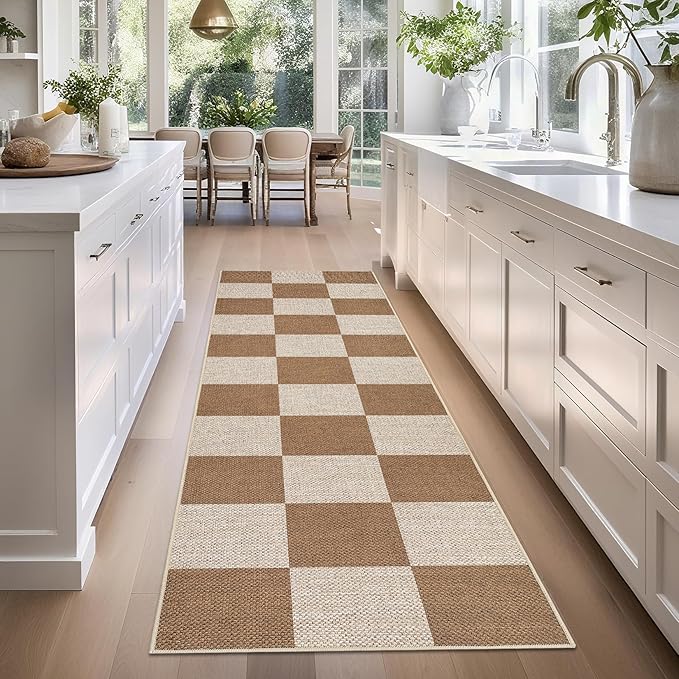GarveeHome Checkered Easy Jute Runner Rug 2x6 Non-Slip Machine Washable Stain Resistant Indoor Outdoor Rugs for Living Room, Bedroom, Kitchen, Dining, Patio - Farmhouse Style Brown