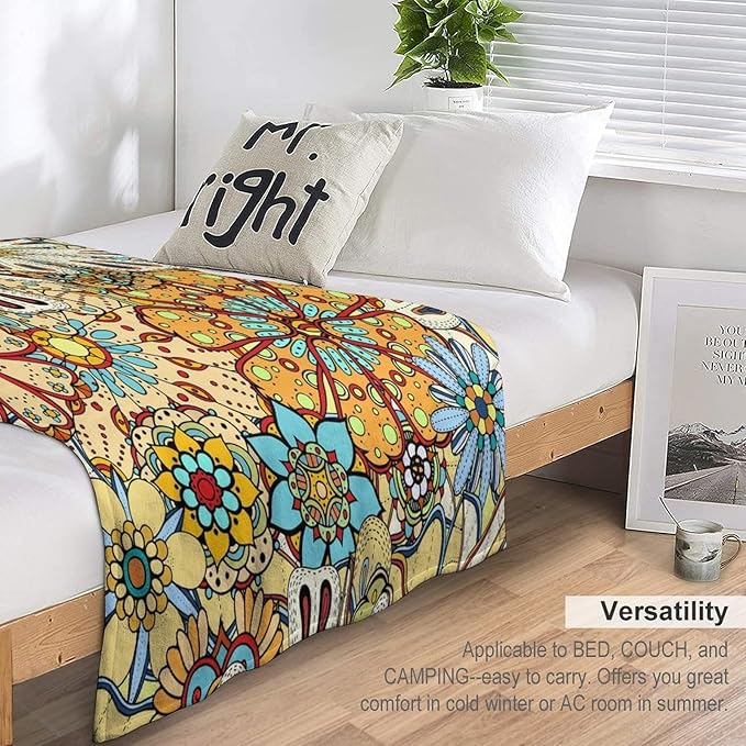 Boho Floral Throw Blanket Vintage Colorful Flowers Bohemian Print Mandala Blanket for Sofa Bed Couch Chair Or Dorm 70"x80"