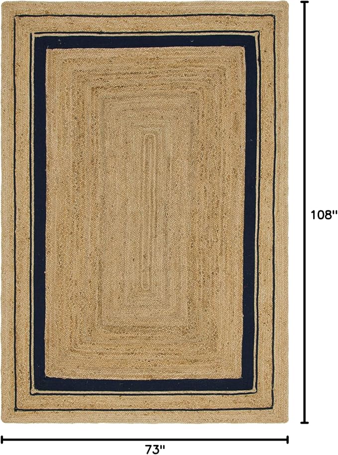 Unique Loom Braided Jute Collection Classic Quality Made Natural Hand Woven with Coastal Design Area Rug (6' 0 x 9' 0 Rectangular, Natural/ Navy Blue)