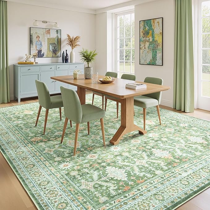 Lessymo Washable Area Rug for Living Room,8x10 Light Green Large Rugs with Non-Slip Backing,Soft Boho Carpets for Bedroom Dining Room Nursery Home Office