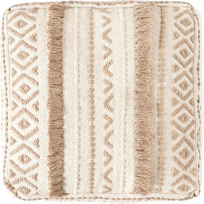 REDEARTH · UNSTUFFED Pouf Ottoman Cover Textured Storage Cube Bean Bag Poof Pouffe Footrest for Living Room, Bedroom, Nursery, Patio, Gym; 100% Cotton (20"X20"X8"; Taupe Natural)