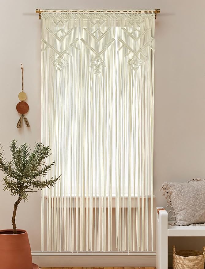 IOWER Macrame Wall Hanging Ivory Handmade Window Curtain Boho Geometric Curtains Woven Panel for Windows Door Curtains Room Divider Soft Light Filtering 35" W x 70" L Décor