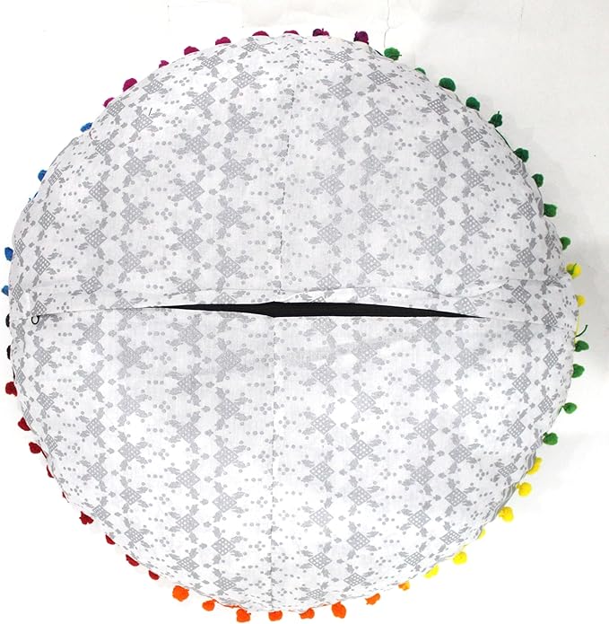 CRAFT KALA 32" Round Large Round Bohemian Floor Pillow Pouf Cover Mandala Meditation Room Pillow Cover for Adults Boho Seating Poufs Cushion Cover for Kids Playroom Silver Matellic Ombre