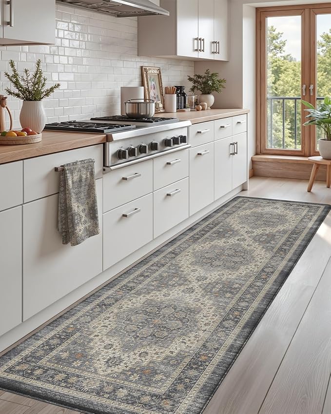 DEXI Kitchen Floor Mats Anti Fatigue, 23x86 Large Long Cushioned Vintage Runner Rug Waterproof, Standing Comfort Memory Foam Padded for Front Sink Laundry Office, Dark Grey
