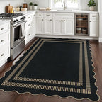 Scalloped Modern Easy Jute Carpet, 5x7 Outdoor Patio Washable Area Rug, Indoor Black Kitchen Rugs Farmhouse Neutral Non Slip Rug for Living Room Patio Entryway