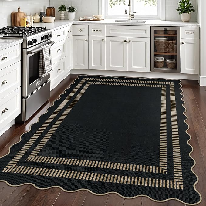 Scalloped Modern Easy Jute Carpet, 5x7 Outdoor Patio Washable Area Rug, Indoor Black Kitchen Rugs Farmhouse Neutral Non Slip Rug for Living Room Patio Entryway