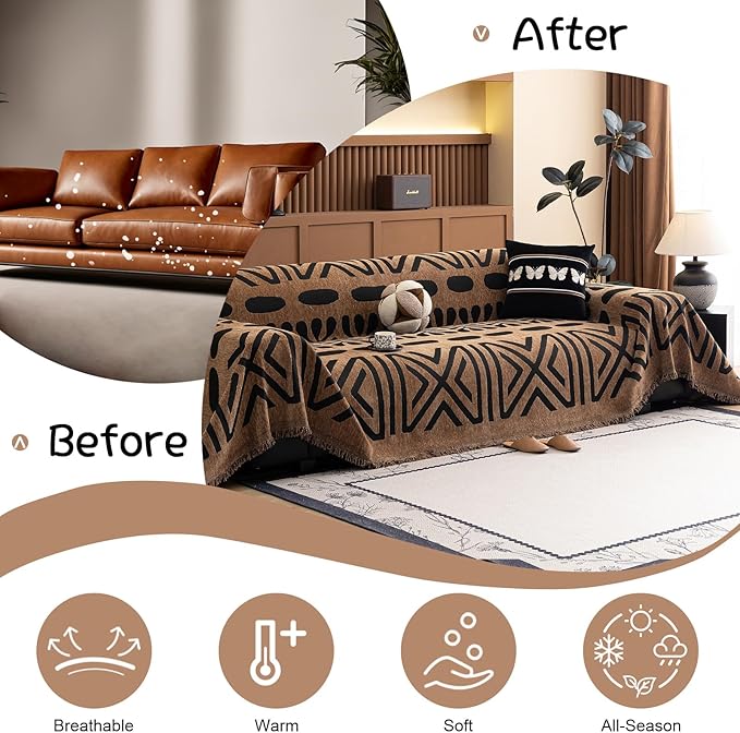 VClife Couch Cover Bohemian Morroccan Sofa Cover Washable Sofa Slipcover for 2 Cushion Couch Sofa Non Slip Soft Chenille Furniture Protector Modern Brown Black Slip Cover for Couch 71''x118''