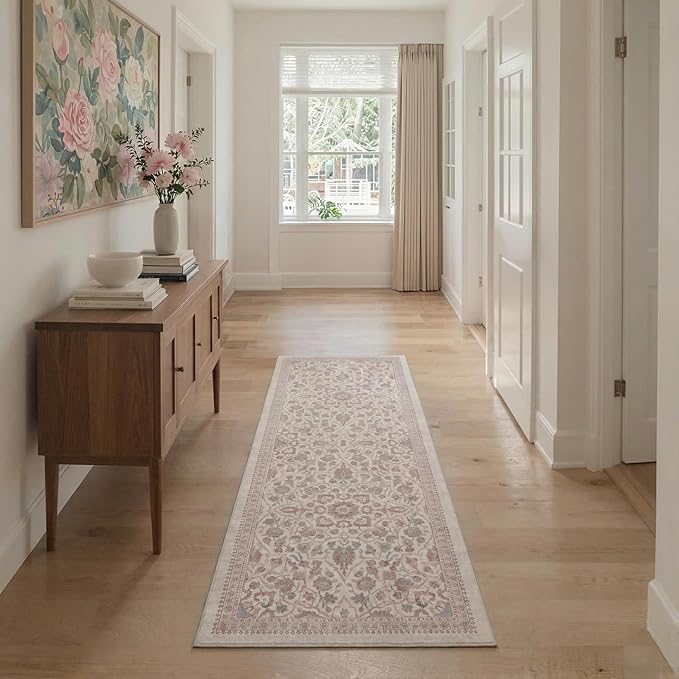 GENIMO 5x7 Area Rugs for Living Room, Machine Washable Non Slip Vintage Rugs, Low Pile Lightweight Chenille Print Rug for Bedroom, Dining Room, Home Office, Dusty Rose