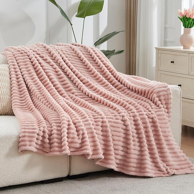 NEWCOSPLAY Super Soft Twin Blanket Pink Premium Silky Flannel Fleece 3D Ribbed Jacquard Lightweight Bed Blanket All Season Use (Pink Ribbed, Twin(60"x80"))