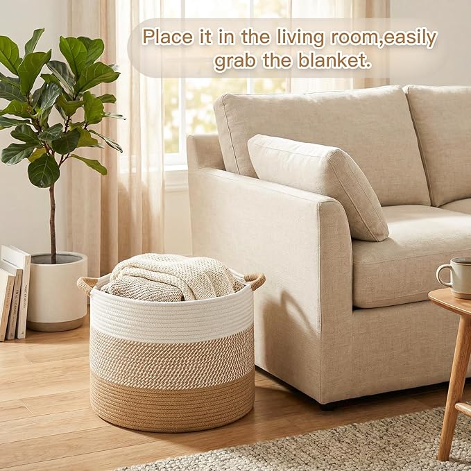 40L Large Cotton Rope Basket, Decorative Woven Blanket Storage for Living Room, Boho Toy Storage & Toy Box for Kids, Versatile Laundry Basket & Nursery Hamper for Blankets(Brown)