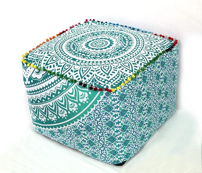 CRAFT KALA Mandala Meditation Floor Pillows Square Pillow Cover Seating Hippie Decorative Adults Bohemian Floor Cushion Cover Outdoor Living Room Throw Ottoman Poufs Cover 22X22X14 inches, Green Ombre