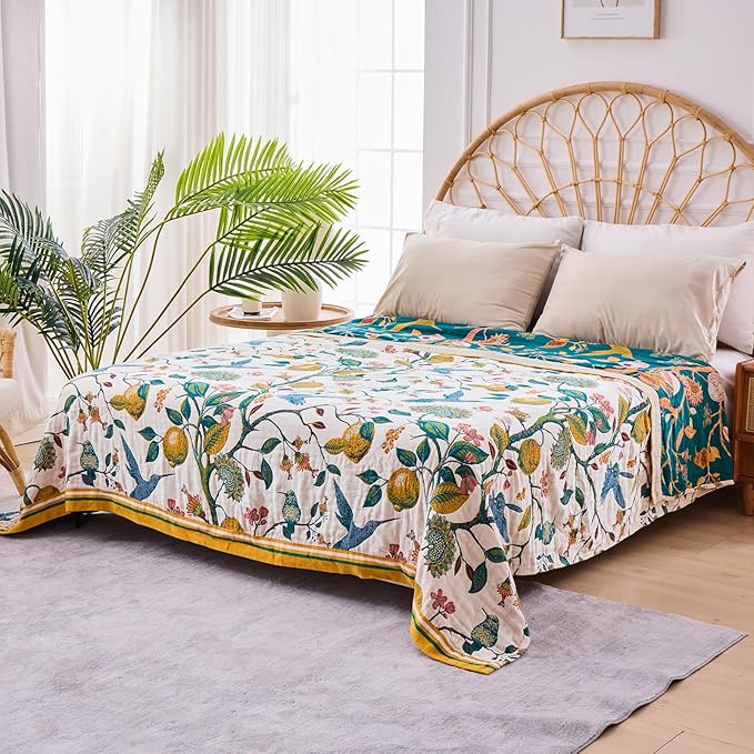 Boho Throw Blanket for Bed - 100% Cotton Ultra Soft Luxury Throw Rustic Fall Quilt,Bird Printed Farmhouse Decor Bed Blankets,Throw for Living Room Sofa Couch Chair(Flower-Bird, 87" x 102")