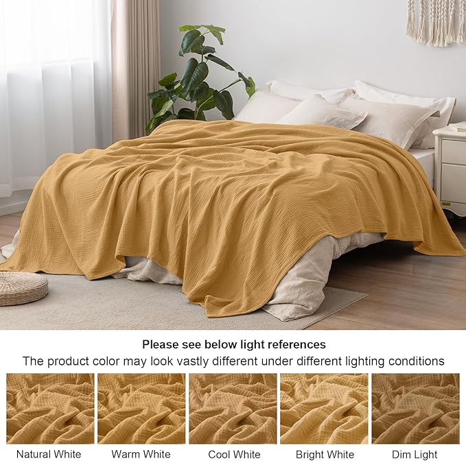 PHF 100% Cotton Muslin Blanket King Size 108"x90", 4-Layer Lightweight Gauze Throw, Breathable Cloud-Soft Minimalist Blanket for Bed, Couch, Camping & Baby, Amber, Ideal Gift