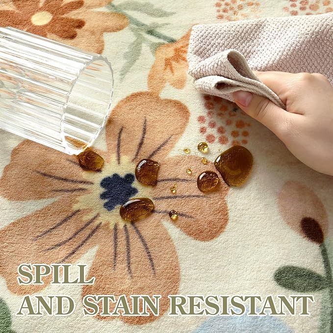 Lahome Floral Washable Round Rugs, Non-Slip Soft Round Rug 4ft Ultra-Thin, Small Boho Circle Carpet for Entryway Kitchen Bedroom Nursery Bathroom Flore, Beige