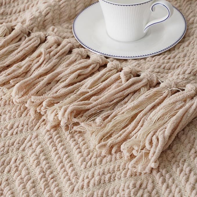 BATTILO HOME Beige Throw Blanket for Couch, Knitted Beige Throw for Bed, Neutral Throw Blankets Tan Throw Blanket for Room Decor Housewarming Gifts, 50" x 60"