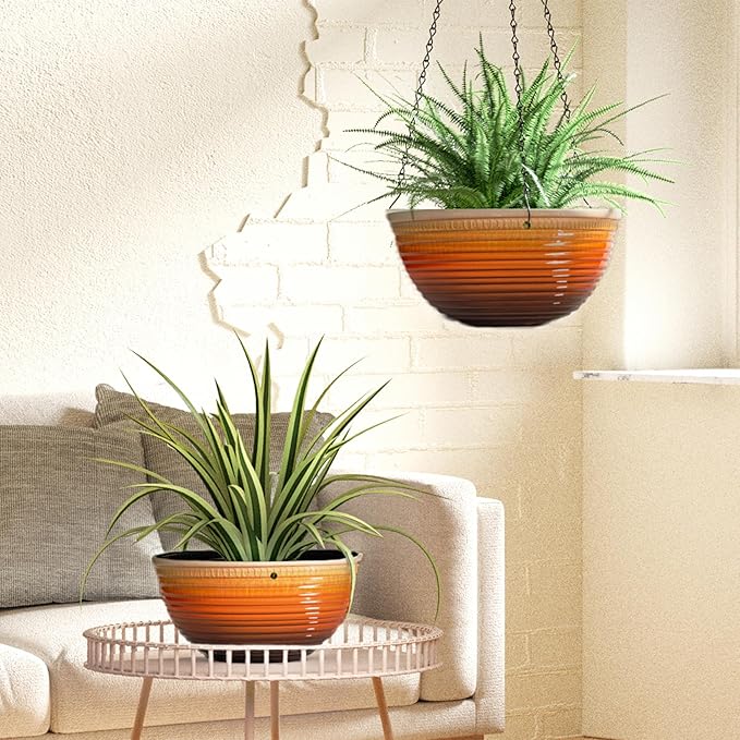 2 Pack Hanging Planters for Indoor Outdoor Plants, 10 Inch Hanging Planter with Drainage Hole & Plug Glazed Hanging Baskets Flower Pots for Garden Home, Orange