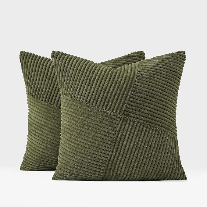Topfinel 12x12 Inch Olive Green Decorative Throw Pillow Covers Set of 2,Soft Corduroy Small Couch Pillow Covers Windmill Textured Striped Patchwork Cushion Cover Cute Aesthetic Home Decor