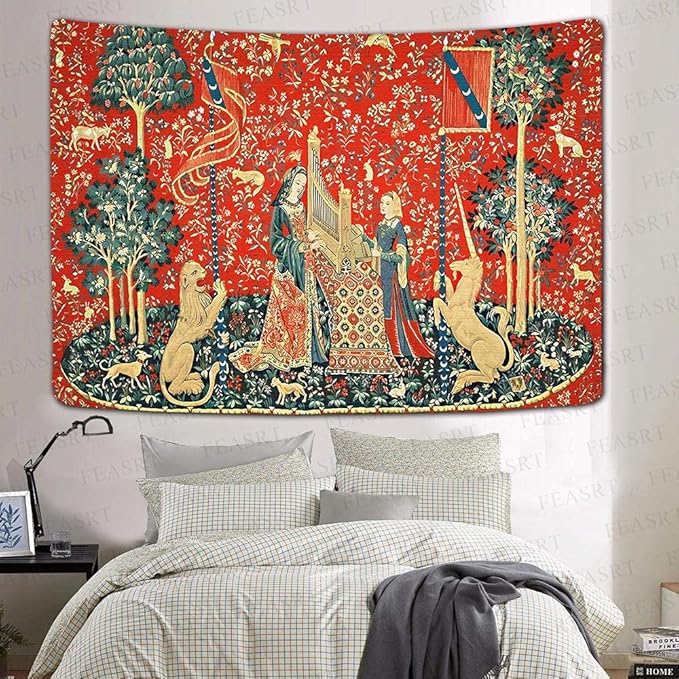 FEASRT Medieval Maiden and Unicorn Tapestry European Royal Tapestry Lion Tapestry, 60x40 Inches Soft Flannelette, Lady and Unicorn for Living Room Bedroom Dorm