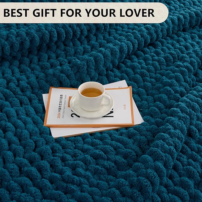 L'AGRATY Chunky Knit Blanket Throw: 50''x60'' Chenille Chunky Knitted Throw Blanket for Bed Couch - Handmade Thick Big Cable Knit Blanket - Large Crochet Rope Blanket for Home Decor(Blue)