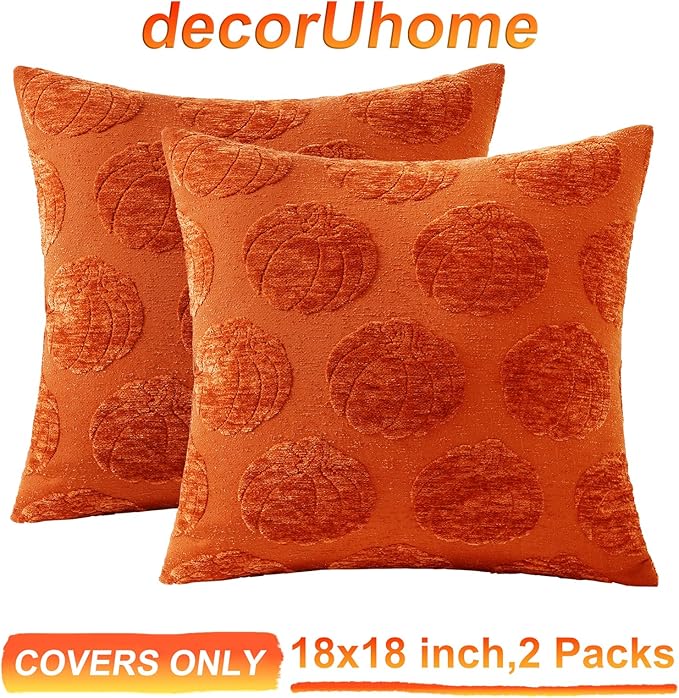 decorUhome Decorative Rust Pumpkin Thanksgiving Throw Pillow Covers 18x18 Set of 2, Soft Chenille Jacquard Farmhouse Textured Pillow Covers for Couch Bed Sofa Autumn Harvest Halloween Holiday