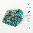 Boho Throw Blanket - 100% Cotton Soft Throw Blanket for Bed, 60"x80" Reversible Breathable Lightweight Spring Blankets, All Seasons Farmhouse Decor Floral Throw Quilt