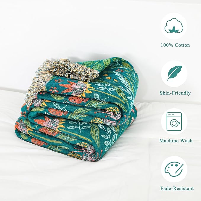 Boho Throw Blanket - 100% Cotton Soft Throw Blanket for Bed, 60"x80" Reversible Breathable Lightweight Spring Blankets, All Seasons Farmhouse Decor Floral Throw Quilt