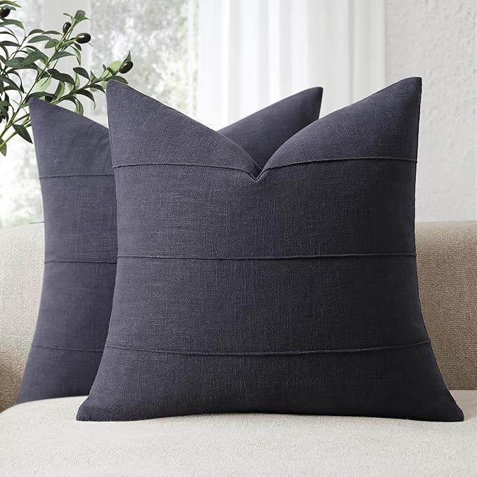 ZWJD Decorative Linen Throw Pillow Covers 24x24 Set of 2 Solid Handcrafted Striped Cushion Covers for Bed Soft Modern Farmhouse Neutral Pillowcase for Couch Bedroom Living Room Home Decor(Dark Navy)