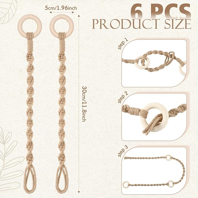 6 Pack Adjustable Macrame Plant Hanger Extender Handmade Woven Hanging Basket Extenders Connectable Rope Hanging Extension with Wooden Ring for Indoor Outdoor Plant Pot Holder(Brown)