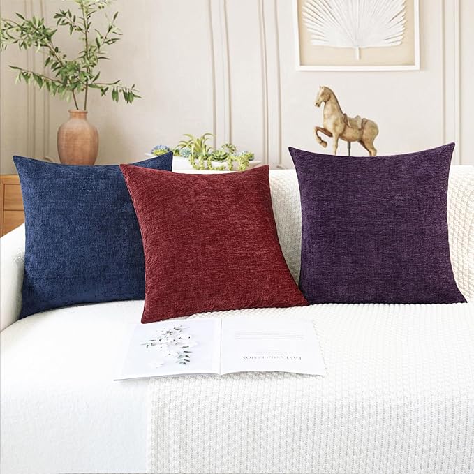 CaliTime Throw Pillow Covers Decorative 20 X 20 Inches Pack of 2 Cozy Chenille Cushion Cases for Couch Sofa Bed Living Room Home Plum Purple